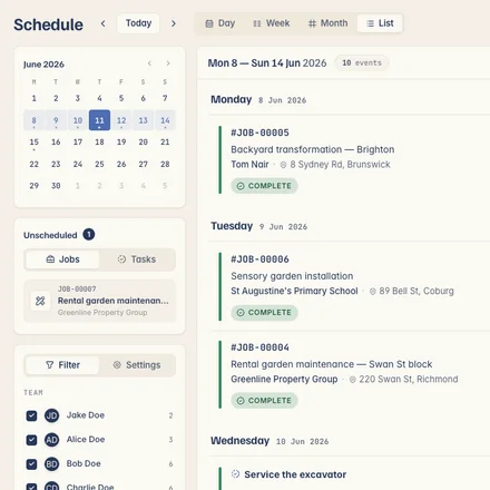 Kelpie's schedule in list view — the week's jobs grouped by day with crew, status and address, alongside the mini-calendar and unscheduled jobs
