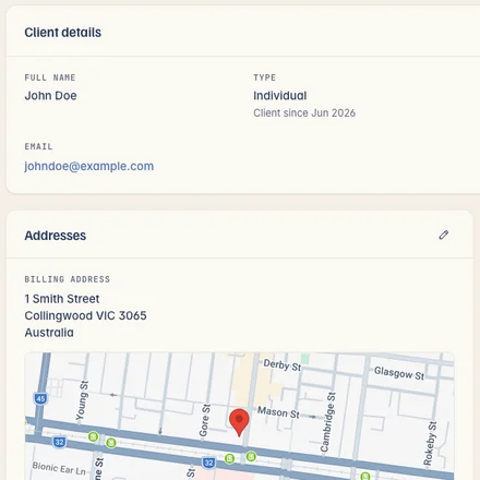 A client record in Kelpie — contact details, addresses, quotes and jobs together