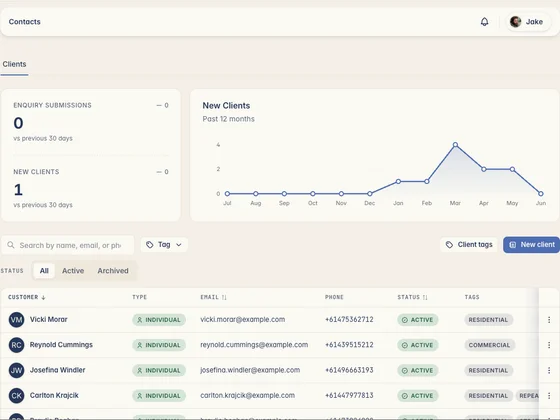 Kelpie's client list — every enquiry and client tracked in one place