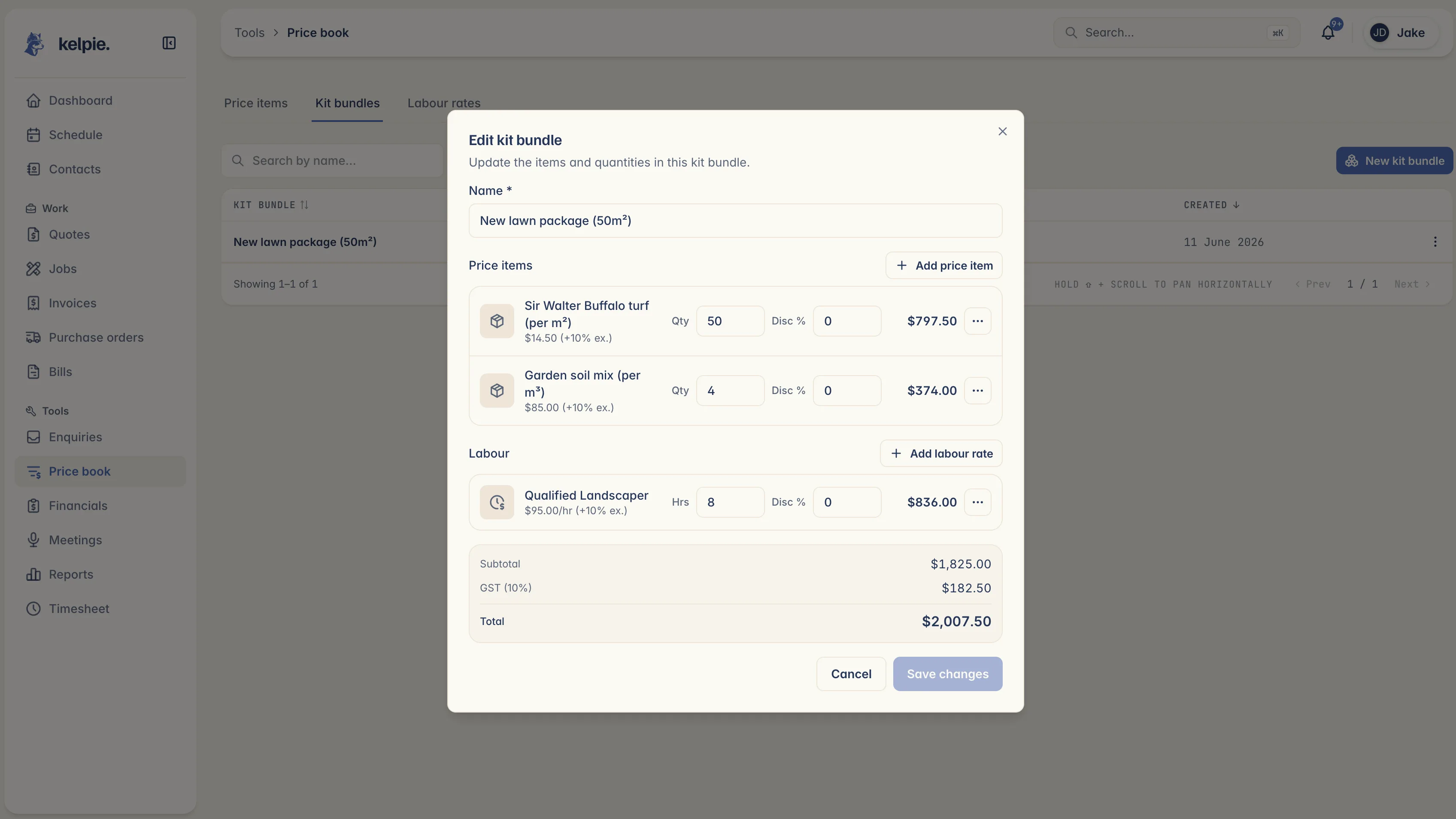 Kelpie's price book, a kit bundle of materials and labour with GST and total, ready to drop into any quote
