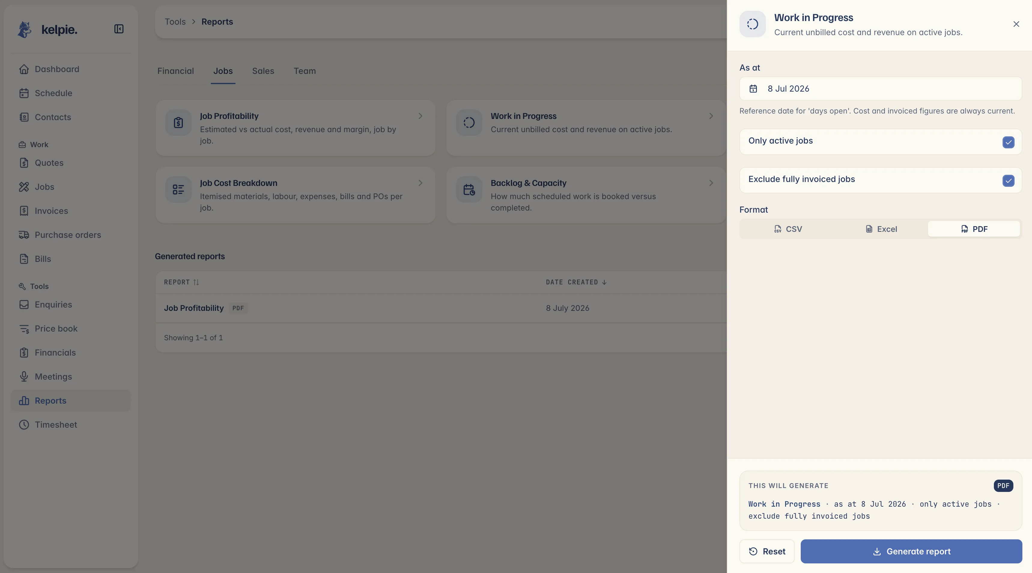 Kelpie's reports screen, the Jobs suite of the report catalogue with the report builder open, ready to export as PDF, Excel or CSV