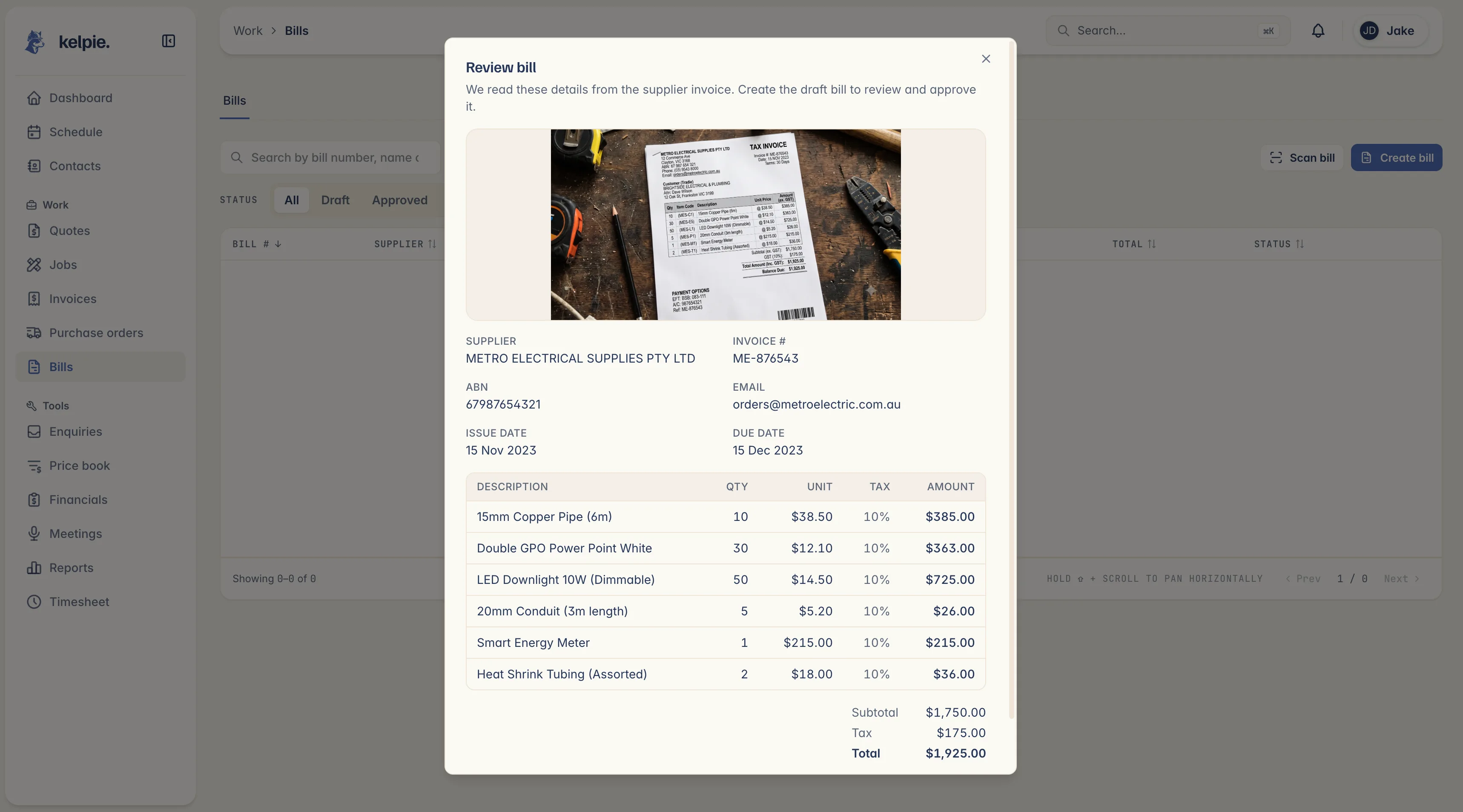Kelpie bill scan on desktop: supplier invoice photo with extracted line items, GST and totals ready to create a draft bill