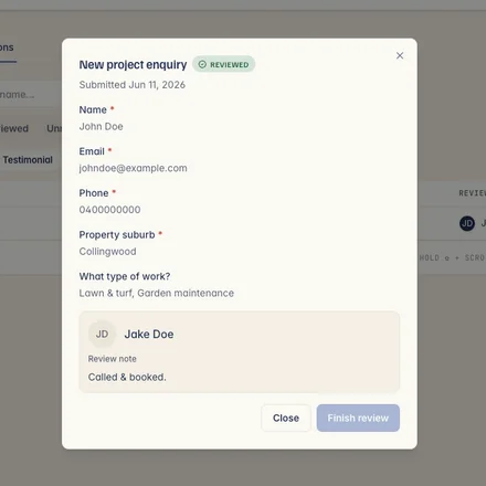 A new enquiry in Kelpie — the customer's submitted details, reviewed with a note showing it's been actioned