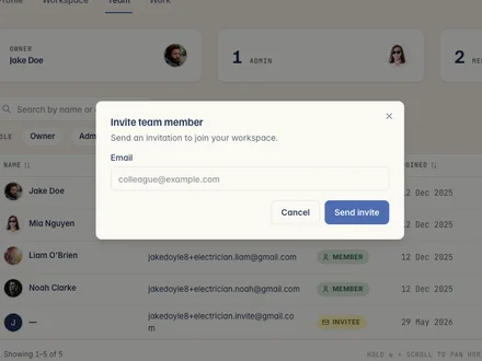 Inviting a team member to a Kelpie workspace by email