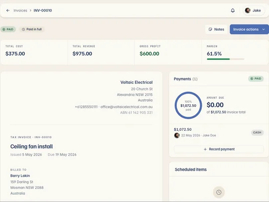 The Kelpie invoice editor — itemised lines with GST calculated automatically