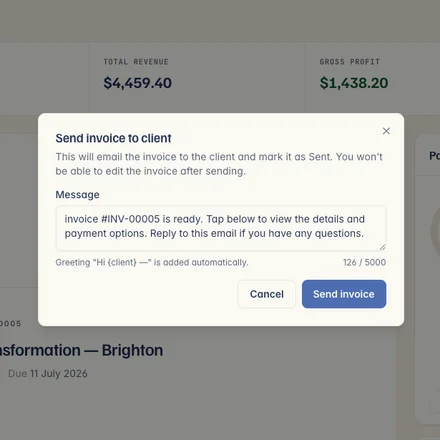 Sending a Kelpie invoice to the client — a one-tap email that marks it sent, with the message pre-filled