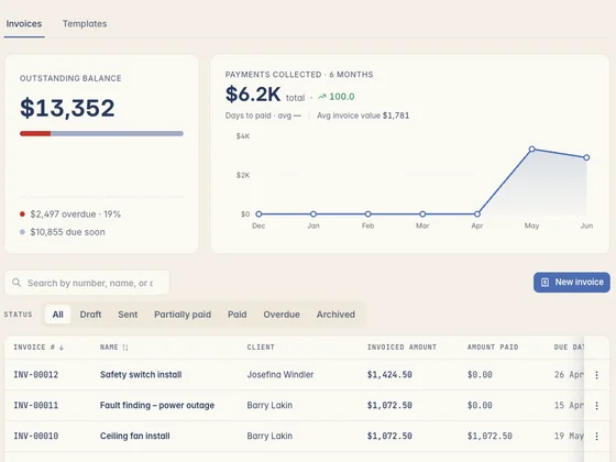 Kelpie's invoices screen — outstanding balance, payments collected and every invoice's status