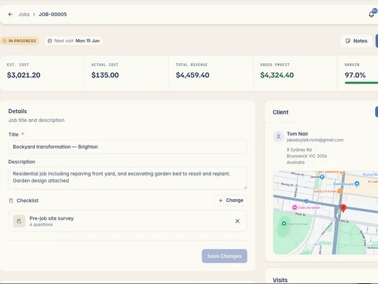 A Kelpie job card — client details, site map, visits and checklist in one place