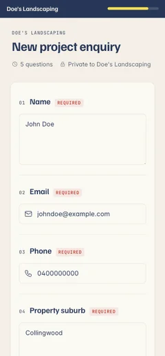 A branded Kelpie enquiry form on a customer's phone — name, email, phone and job details filled straight from your website