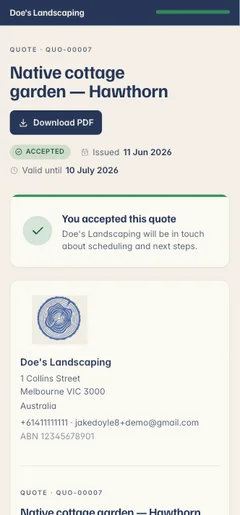 A Kelpie quote accepted on the customer's phone — branded, with a downloadable PDF and a one-tap accept