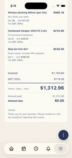 A Kelpie tax invoice on a phone — GST broken out line by line, with the subtotal, GST total and total including tax