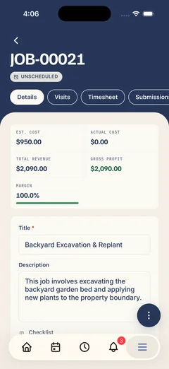 A Kelpie job on a phone — costs, margin, description and checklist for the job on site
