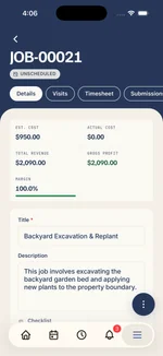 A Kelpie job on a phone — costs, margin, description and checklist for the job on site