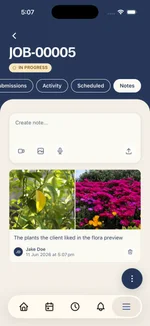 A Kelpie job's notes on a phone — site photos and a typed note saved against the job, not lost in the camera roll