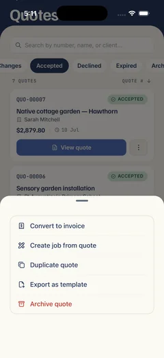 An accepted Kelpie quote on a phone with its actions open — convert to invoice, create a job, duplicate or export, all in one tap