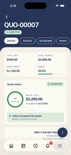 A Kelpie quote on a phone — totals, status and a one-tap accept, built and sent from site