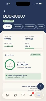 A Kelpie quote on a phone — totals, status and a one-tap accept, built and sent from site