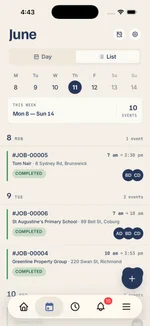 Kelpie's schedule on a phone — a multi-day job spread across the week in list view, each day with its crew, time and address