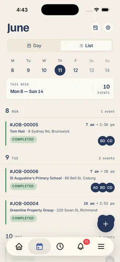 Kelpie's schedule on a phone — the week's jobs in list view, each with its crew, time and address