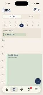 Kelpie's schedule on a phone — the day's jobs and times in day and list views