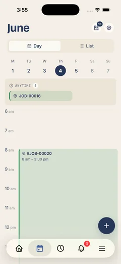Kelpie's schedule on a phone — the day's jobs and times in day and list views