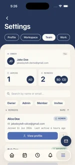 Kelpie's team screen on a phone — owner, admins and crew with their roles, each on their own login