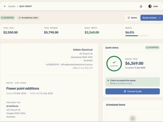 The Kelpie quote editor — line items with cost, markup, GST and live totals