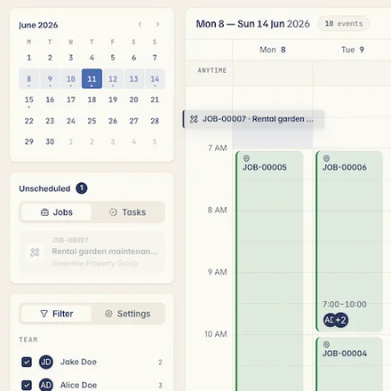 Dragging an unscheduled job onto Kelpie's week calendar — booked onto a day and crew member in a couple of taps