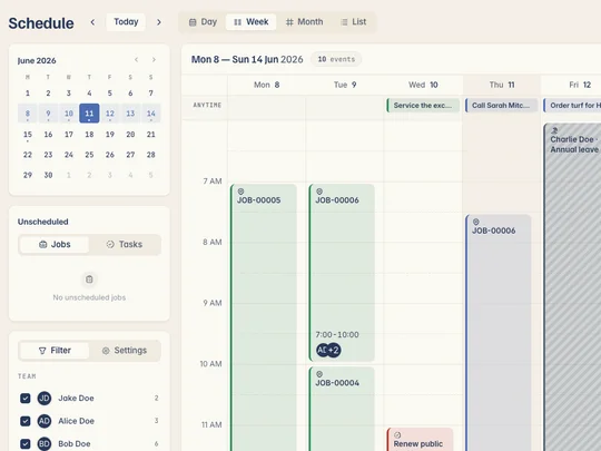 Kelpie's week schedule — every job and crew member on one board