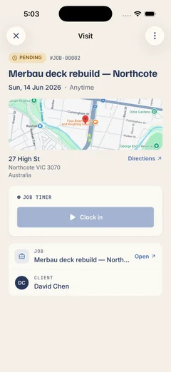 A job visit on a phone — its status, site map and directions, a clock-in timer, and the linked job and client